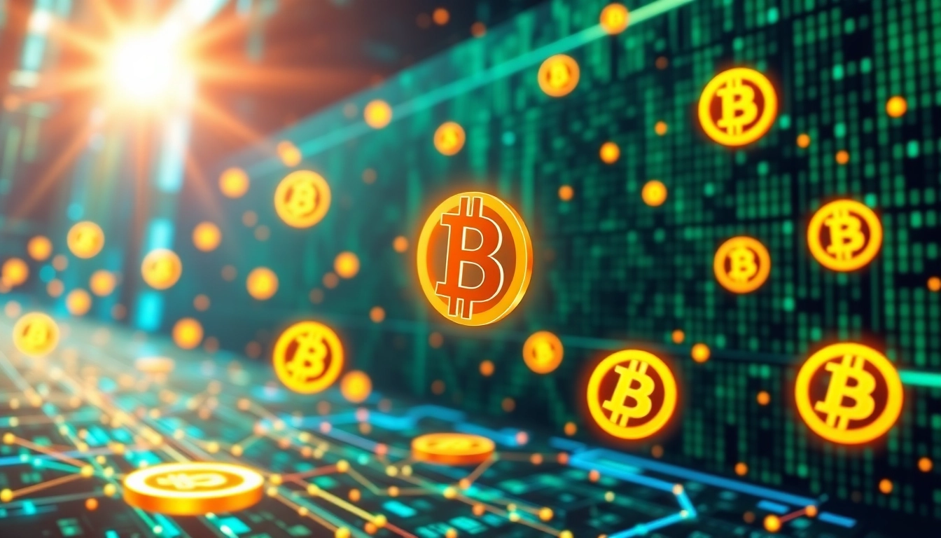 Explore the thriving Bitcoin network in a futuristic digital landscape filled with vibrant symbols and blockchain elements.